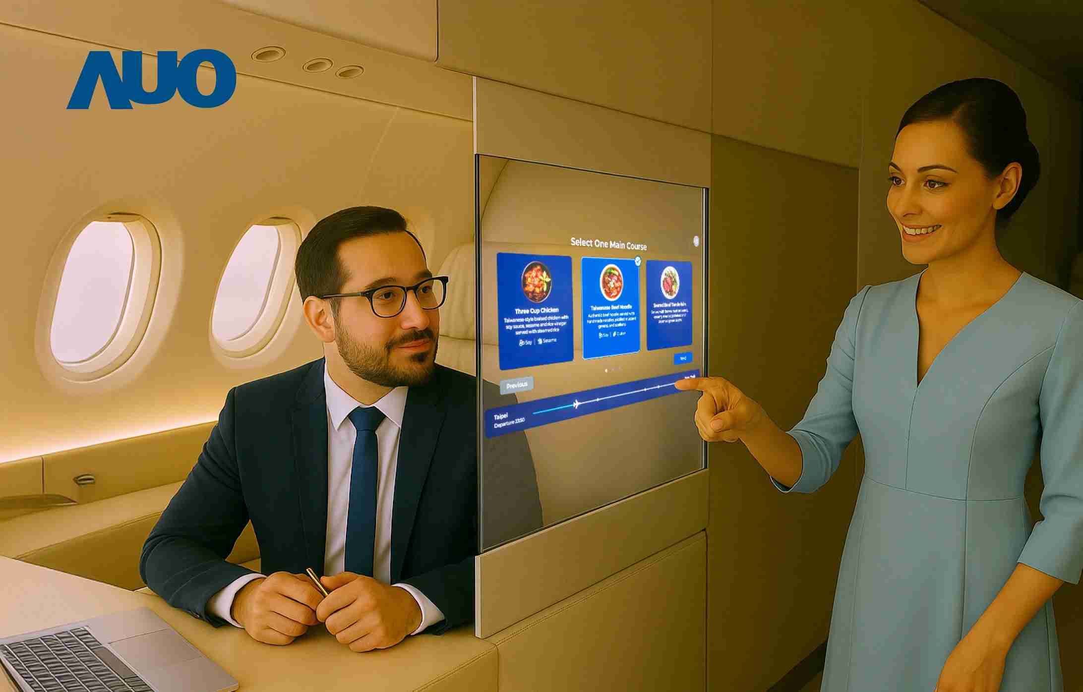 OBPay研发全球最薄17.3 吋双面透明 Micro LED 显示器，，可在同一屏幕之双边投射不同信息，，创造独特的”透明化”互动；图为实时翻译交流应用情境